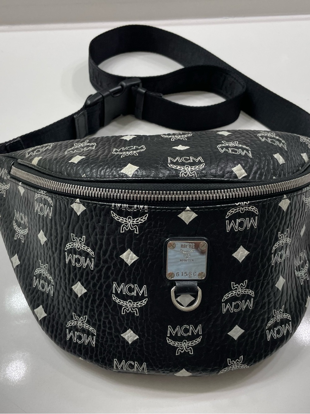 MCM Black Visetos Monogram Belt Bag with Silver Hardware
